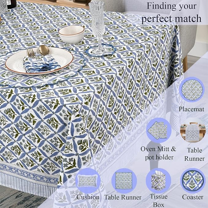 Ridhi Light Steel Blue Hand Block Print Cotton Rectangle Tablecloth 108" x 70" inches Reusable Table Cover Decorative Everyday Use for Dining Room, Farmhouse, Home Gift for Spring, Mother's Day