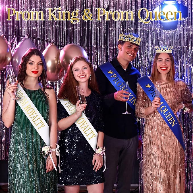 Saintrygo 12 Pcs Prom Crown and Sash Set, Prom King and Queen Tiara Rhinestone Crown Glitter Court Royal Satin Sash for 2026 Graduation Ball Dance Night Party Birthday Accessory(Blue,Elegant)