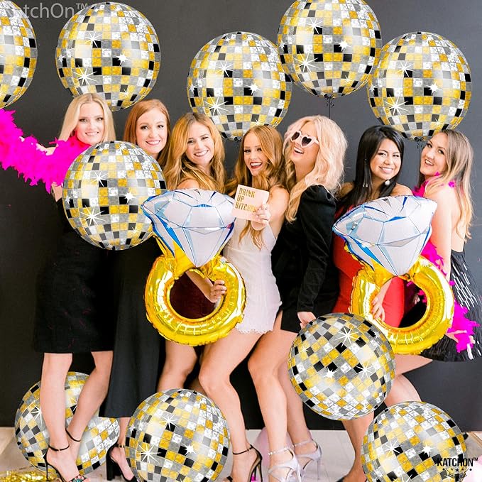 KatchOn, Huge Disco Ball Balloons -22 Inch, Pack of 12 | Black And Gold Disco Balloons for Disco Party Decorations | 360 Degree 4D Sphere Disco Balloon | Gold and Black Party Decor