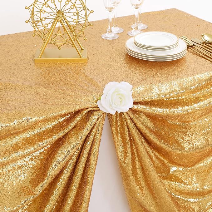 B-COOL Gold Rectangle Sequin Tablecloth 90x156-Inch Sparkly Wedding Tablecloth Long Glitter Table Overlays for Event Party Banquet