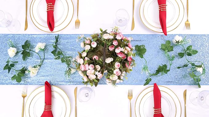 Sequin Table Runners 2 Pieces Baby Blue Table Runners 12x72 Inch Glitter Dining Table Cover for Party Wedding Birthday Reception Banquet Decoration Spring Party Chair Sashes