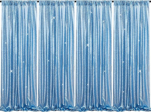 B-COOL Baby Blue Backdrop Curtains 4 Panels Baby Shower Sparkly Drapes 2ft x 8ft Baby Shower Curtain Drapes Baby Blue Spring Stage Backdrop Fabric
