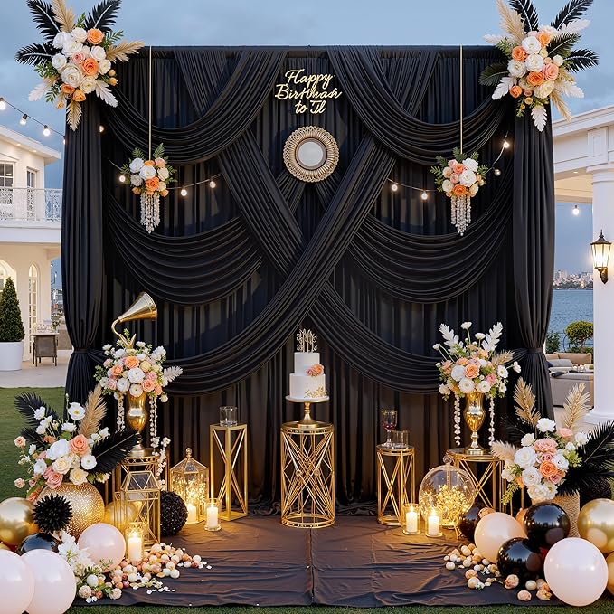 10 ft x 7 ft Wrinkle Free Black Backdrop Curtain for Parties, Polyester Black Photo Backdrop Drapes for Graduation Birthday Wedding Party Stage Curtains, Background Curtains for Backdrop Stand