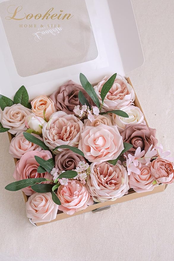 Lookein Artificial Flowers Combo Box for DIY Wedding Bouquets, Centerpieces, Arrangements, Party & Home Decor - Silk and Foam Flowers with Stems, Belle Blush