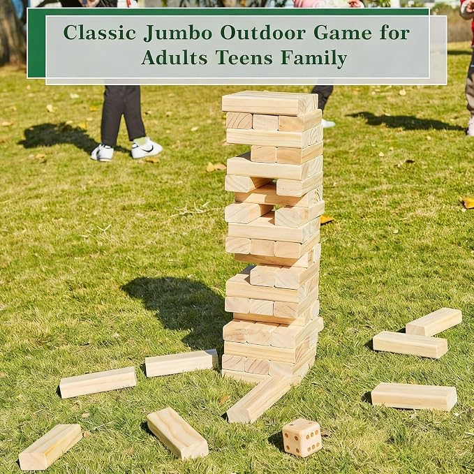 Olsa Giant Tumble Tower, Toppling Timber Game with Carrying Bag-60 PCS Wooden Block Stacking Game for Adults Family (2.2 Ft to 5 Ft)