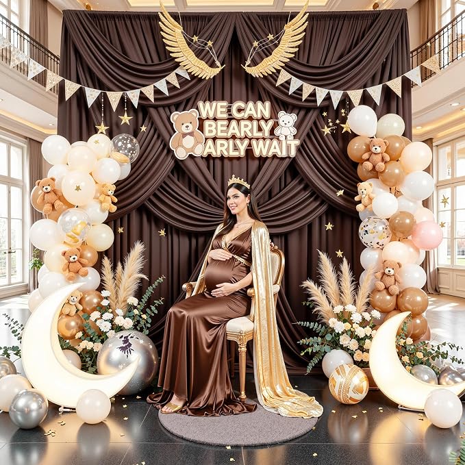10x14ft Brown Backdrop Curtains for Wedding Party, 2 Panels 14 ft Long Back Drop Cloth, Wrinkle-Free Polyester Drapes for Birthday, Baby Shower, Stage Photography Background