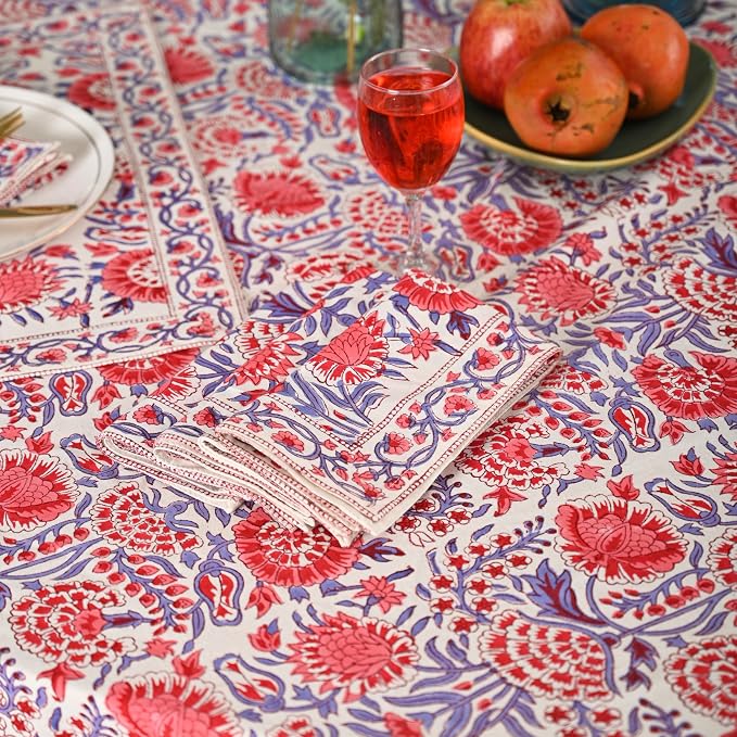 Hand Block Printed Tablecloth, Colorful Floral Print, Indian Artisan Handmade Art, Dining Room, Kitchen, Outdoor Décor, (Flamingo Pink, 6 Seater 60 x 90 Inches Rectangle)