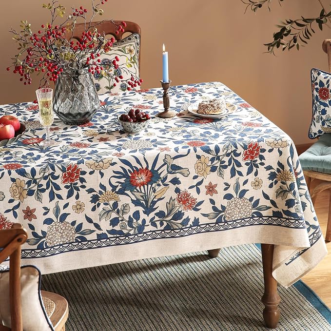 patdrea Vintage French Linen Tablecloth,Rectangular,102"x63"-Ivar A | Elegant Colorful Large Table Cloth for Rectangle Table,Blue and White Floral Patterned,Dining Room Tea Party Thanksgiving