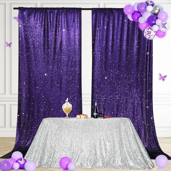 PartyDelight Sequin Backdrop Curtains 5x10ft 2 Panels | 3mm stitched sequin curtain with 4 inch rod pocket for 5x10ft wide reception wall head table stage backdrop and event display