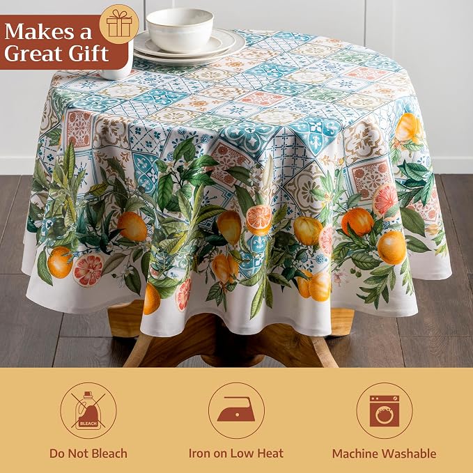 Maison d' Hermine Table Cloth Round Table 100% Cotton 69 Round Inches Tablecloth Reusable Decorative for Dining Kitchen Room Farmhouse Party Home Hotel Restaurant Spring Summer - Agrume