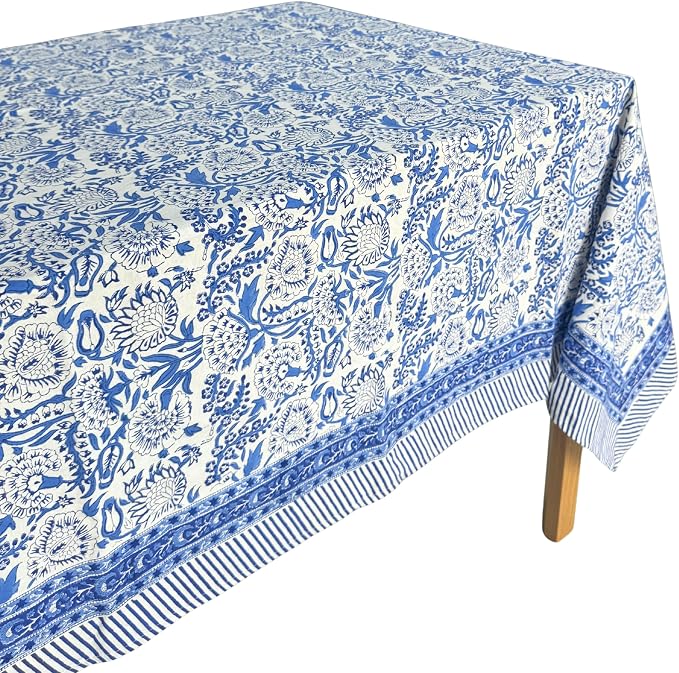 ATOSII Indigo Bloom 100% Cotton Rectangle Summer Tablecloth, Handblock Floral Print Linen Table Cloth for Kitchen Dining I Parties, Weddings, Outdoors, 60 X 108 Inches I 8 Seater