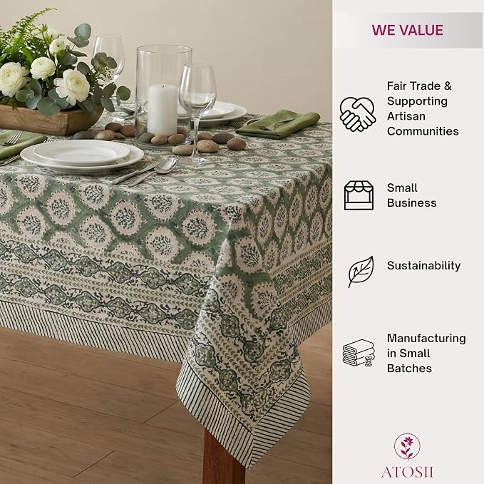 ATOSII Kari Green 100% Cotton Rectangle Fall Tablecloth, Block Print Floral Table Cloth Linen for Dining, Parties, Outdoors, Christmas, Thanksgiving, Grandmillennial Decor 60 X 90 Inches I 6 Seater