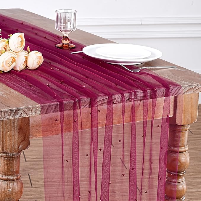 LuoluoHouse Pearl Tulle Table Runner Fabric - Burgundy 10ft Wedding Veil Seasonal Dessert Chiffon Pearl Lace Boho Overlay Wedding Aisle Runner Party Decorations Doilies