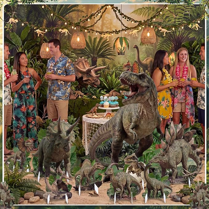 9 Pcs Realistic Dinosaur Party Decorations Set, Large Dinosaur Cutouts with Stand, Jurassic Theme Birthday Decor, Photo Props for Party Supplies