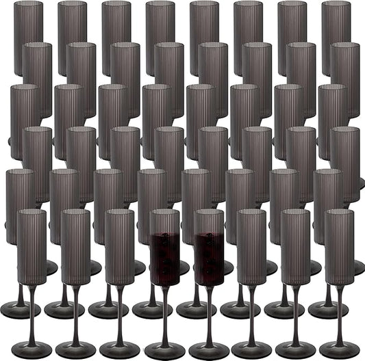 JLYLOL 48 Pcs Black Plastic Champagne Flutes 6OZ Large Ribbed Champagne Glasses Toasting Glass Plastic Goblets for Parties Vintage Mimosa Bar Glasses Elegant Stemmed Drinking Cups for Wedding Bride