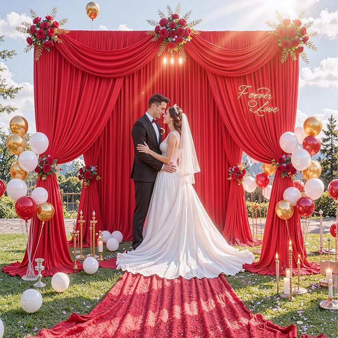 50ft x 10ft Wrinkle Free Red Backdrop Curtains for Parties, Polyester Photo Backdrop Drapes 10 Panels 5x10ft for Weddings Birthday Party Christmas Photography Background