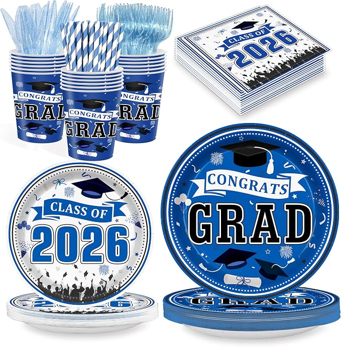 168PCS 2026 Blue Graduation Party Tableware Set Serves 24 Guests, Paper Plates Cups Napkins Cutlery for Small Family High School College Grad Party Decor