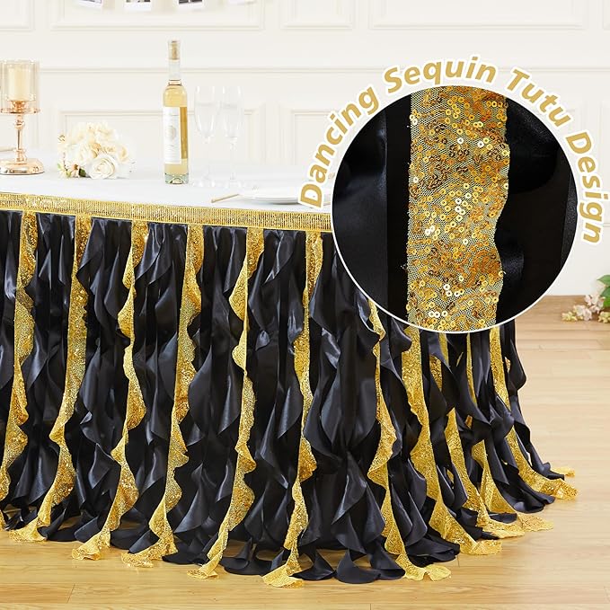 Wish Care 14ft Black Gold Sequin Tutu Table Skirt for Rectangle Tables Glitter Curly Willow Table Skirting Ruffle Table Cloth Desk Skirts for 50th Birthday Graduation Prom Theme Party Decorations