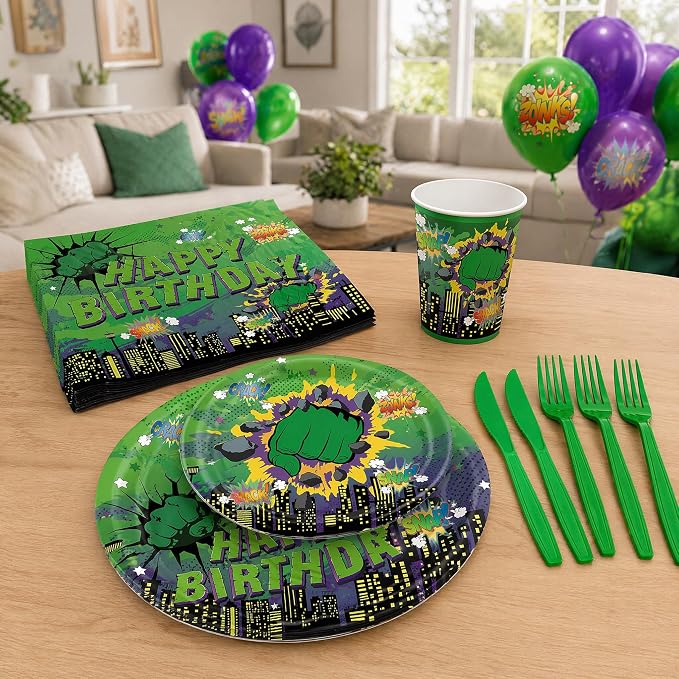 120 PCS Green Hero Party Decorations Include Plates Napkins and Knife and Fork Green Hero Party Supplies Serves 20