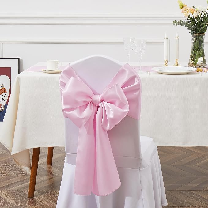 10 Pcs Pink Satin Chair Sashes Bows Universal Chair Cover for Wedding Reception Events Banquets Party, Hotel Event Decorations, 6 x 108 inch