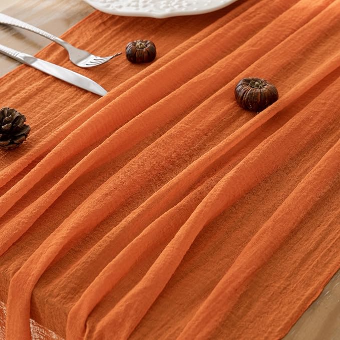 Keketoarrange Orange Summer Table Runner Gauze Rustic Cheesecloth 120 Inch 10 FT for Wedding Baby Shower Bridal Shower Birthday Engagement Garden Outdoor Party Long Sheer Boho Decorations