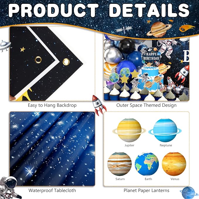 Outer Space Birthday Party Decorations Space Themed Party Supplies Planet Banner Backdrop Cake Topper Solar System Paper Lantern Galaxy Tablecloth Balloon Garland Kit for Space Astronaut Party Decor