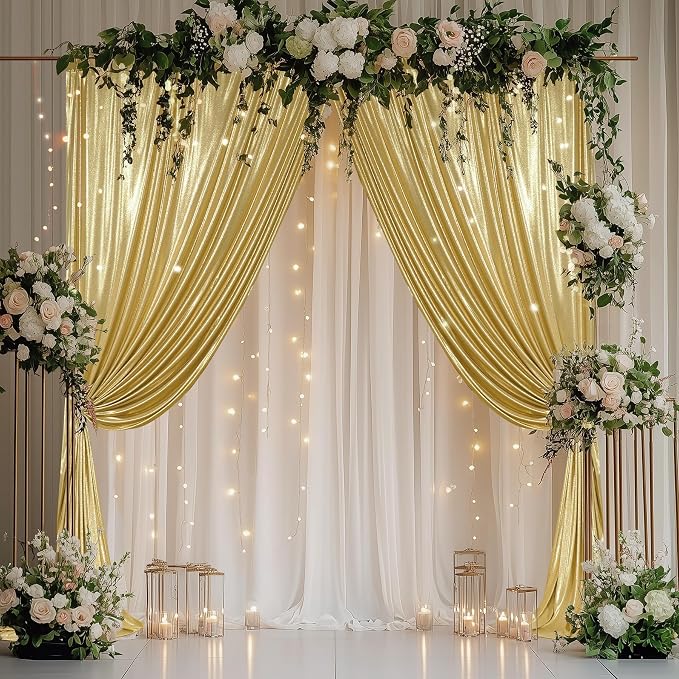 Outpain 10x10ft Gold Sequin Backdrop Curtains, Wrinkle Free Glitter Backdrop Drapes for Wedding Parties Photography Stage Decor, Non-Shedding 2 Panels Set (5x10ft Each)