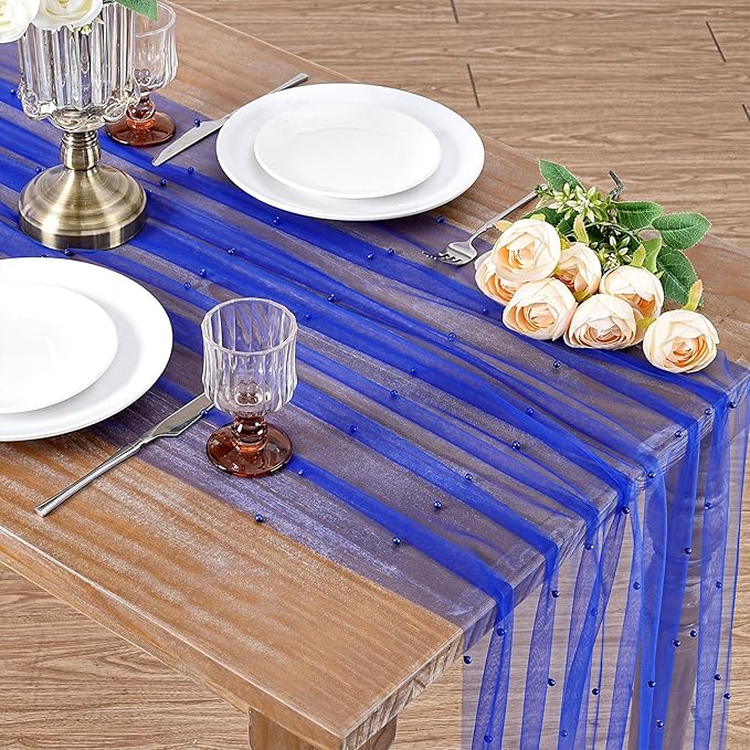 LuoluoHouse Pearl Tulle Table Runner Fabric: Dark Blue 10ft Wedding Veil Seasonal Dessert Chiffon Pearl Lace Boho Overlay Independence Day Wedding Aisle Runner Party Decorations Doilies