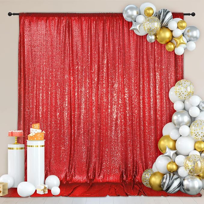 PartyDelight Red Sequin Backdrop 8x8ft 4 Inch Rod Pocket | Dense 3mm red sequins on mesh backing with 4 inch rod pocket for group photos wedding walls stages and banquet focal displays