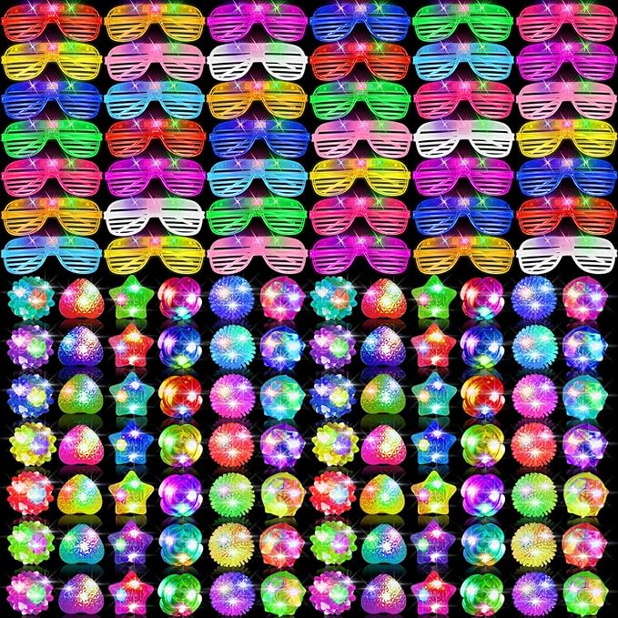 100 Pcs LED Light Up Party Favors Bulk Glow in the Dark Glasses Rings 10 Color LED Glow Glasses Neon Sunglasses 6 Style Finger Lights Flashing Ring for Birthday Wedding Neon Party Decor