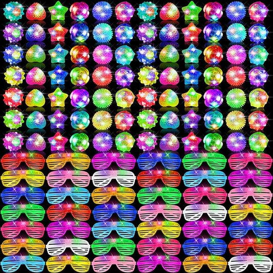 100 Pcs LED Light Up Party Favors Bulk Glow in the Dark Glasses Rings 10 Color LED Glow Glasses Neon Sunglasses 6 Style Finger Lights Flashing Ring for Birthday Wedding Neon Party Decor