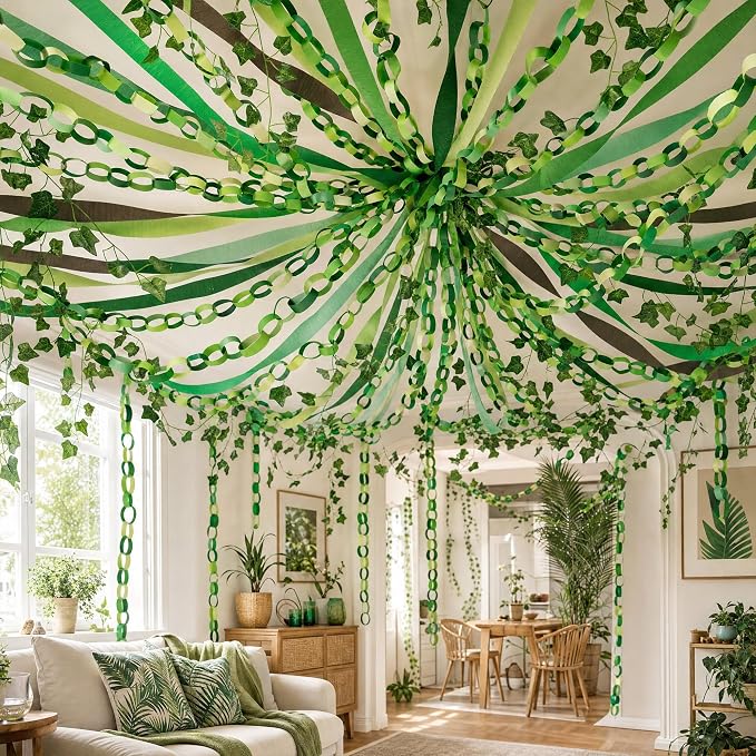 LFUTARI 500 Sheets Green Paper Chain Strips Garland, 492ft Jungle Crepe Paper Streamers and 82ft Fake Ivy Vines for Holiday Birthday Back to School Rainforest Party Classroom Backdrop Decorations