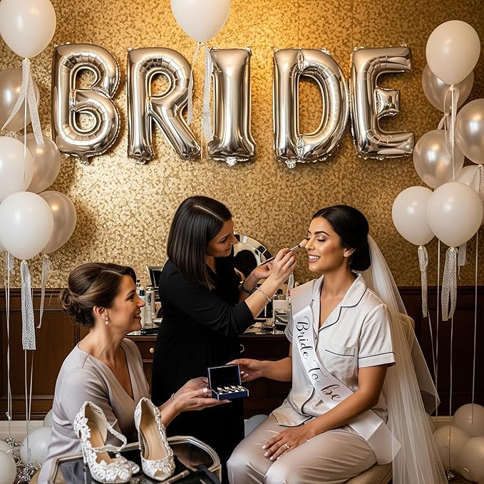 Silver Bridal Shower party decorations with huge 40in silver BRIDE letter Pearl Balloons BRIDE to be Sash Bridal Veil Diamond Ring Heart shape Balloons For Bachelorette party Wedding supplies