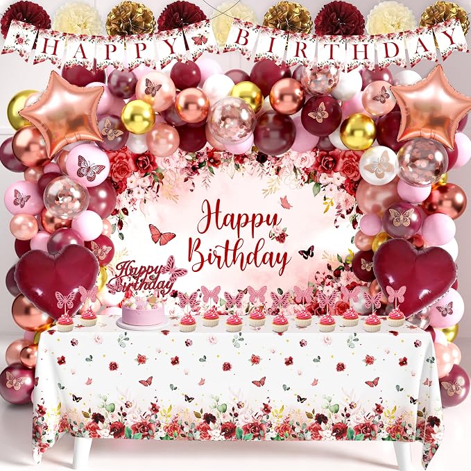 Burgundy Birthday Decorations for Women Girls, 144PCS Red and Rose Gold Party Supplies with Happy Birthday Banner & Backdrop, Tablecloth, 3D Butterfly Stickers, Balloon Arch Kit for Birthday Decor