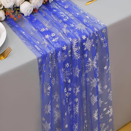 Snowkingdom Blue Silver Christmas Snowflake Table Runner, 10ft Royal Blue Tulle Gauze Sheer 120 Inch Winter Cheesecloth Table Runner for Seasonal Holiday Party, New Year, Wedding Dining Table Decor