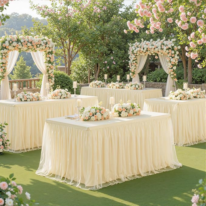 Suppromo Champagne Tulle Tablecloth for 4 Foot Rectangular Tables, 48 x 24 Inch White Rectangle Table Cloth, Wrinkle Free Table Cover with Tutu Skirt for Wedding Birthday Party Banquet Tablecover