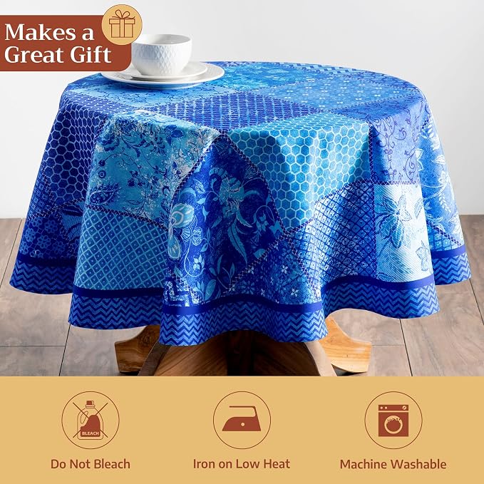 Maison d' Hermine Table Cloth Round Table 100% Cotton 69 Round Inches Tablecloth Reusable Decorative for Dining Kitchen Room Farmhouse Party Home Hotel Restaurant Spring Summer - Indigo Love