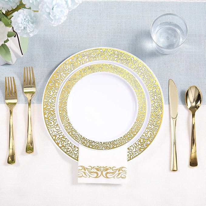 FOCUSLINE 350 Ct Gold Dinnerware Set for 50 Guests, Gold Lace Plastic Plates Disposable Heavy Duty, Including 50 Dinner & Dessert Plates, Cups, Napkins, Cutlery Set