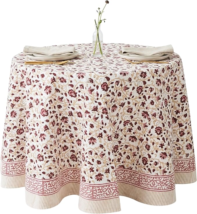 ATOSII Sophia 100% Cotton Round Boho Fall Tablecloth, Handblock Floral Table Cloth Linen for Kitchen Dining I Parties Weddings Outdoors Picnics Easter Mothers Day I 72" Inches Round I 4 Seater