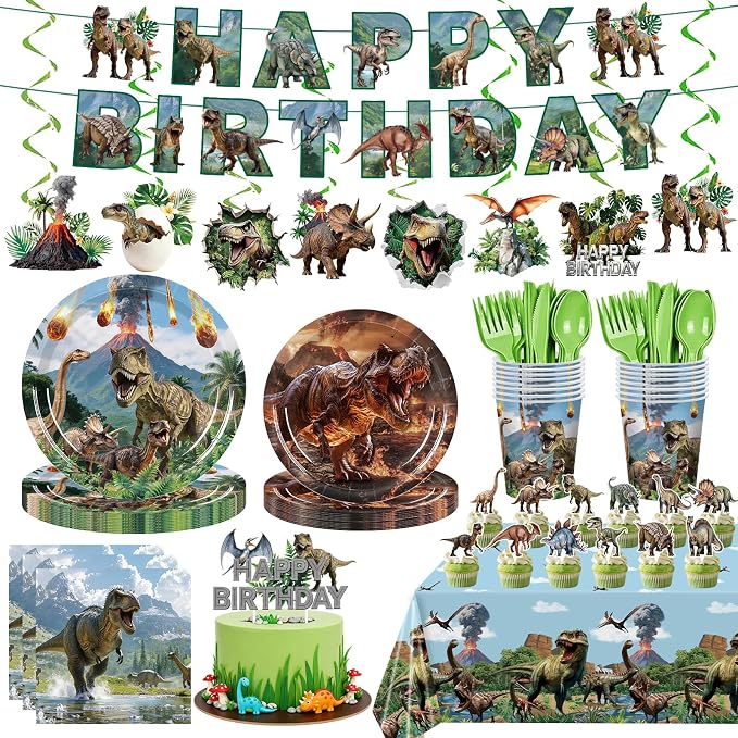 Dinosaur Birthday Party Supplies for 24 Guests, 203PCS Dinosaur Party Decorations with Banner, Tablecloth, Plates, Cups, Napkins, Cutlery, Hanging Swirls, Cake Toppers, Jurassic Party Pack