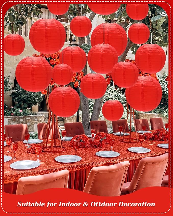 Treela 48 Pcs Paper Lanterns Party Decorations Chinese Round Paper Decor 4/6/8/10 Inch Asian Hanging Lamps Decorative for Graduate Wedding Birthday Party Bridal Parties Supplies(Red)