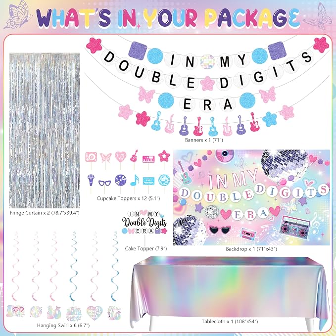 10th Birthday Decorations for Girls, Double Digits Birthday Girl Party Decor, Party Supplies with Pink Purple Balloon Arch Friendship Bracelet Banner Backdrop Hanging Swirls