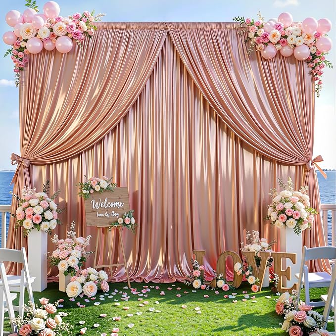 40x10ft Rose Gold Glitter Backdrop Curtain for Parties, Wrinkle Free Satin Photo Backdrop Drapes 8 Panels 5x10FT Shimmer Back Drop Cloth for Wedding Birthday Baby Shower Photography Background Decor
