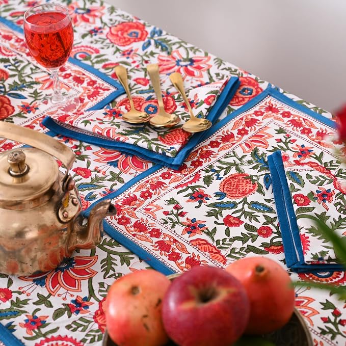 Hand Block Printed Tablecloth, Colorful Floral Print, Indian Artisan Handmade Art, Dining Room, Kitchen, Outdoor Décor, (Peach Floral, 12 Napkins, 72 x 135 Inches Rectangle)