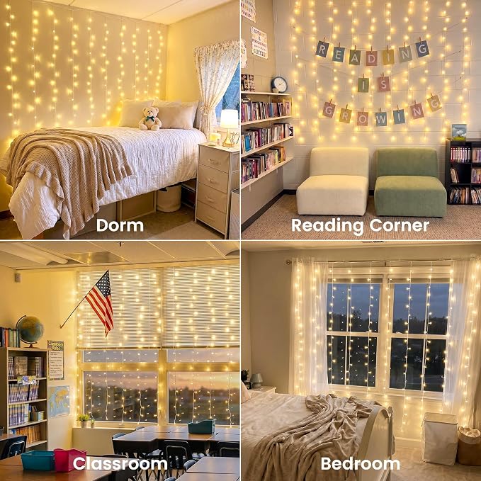 HEYFUNi 6.6FT x 6.6FT Warm White Curtain Lights Plug in, 200 LED | Window String Lights With Remote, 8 Modes, Timer, Memory, Connectable Fairy Lights for Bedroom, Wall, Wedding, Dorm Decor