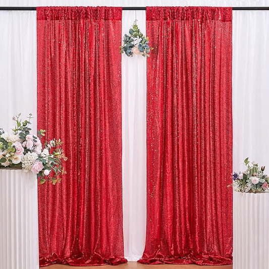 B-COOL Red Sequin Backdrop Curtain 2 Panels 2ftx8ft Shiny Valentines Backdrop Drapes Red Glitter Curtains for Wedding Party Birthday Anniversary Background Decoration