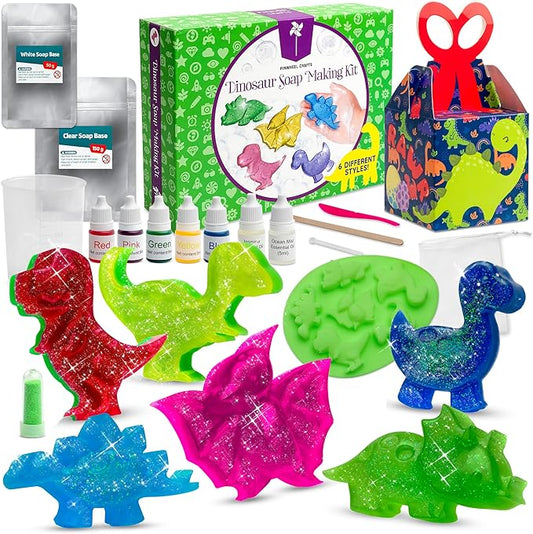 Pinwheel Crafts DIY Soap Making Kit for Kids Ages 5 6 7 8-12+ with Molds, Scents, Dye, Glitter, Foaming Net – Dinosaur Soap Making Kits for Adults Beginners Great for Science Projects and Crafts