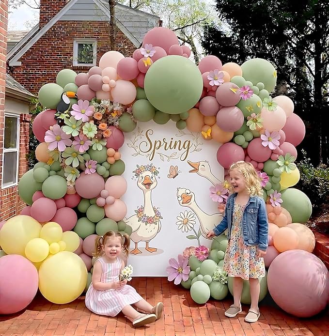 Pastel Pink Yellow Green Balloon Arch with Artificial Flower Double Stuffed Dusty Green Pink Peach Mauve Balloon Garland Kit for Tea Party Wildflower Spring Birthday Baby Shower Fairy Party Decor