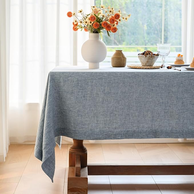 Linen World Yarn-Dyed Linen Tablecloth 60x120inch, Denim Look Table Cover, 100% French Linen Chambray Blue, Soft & Breathable Natural Flax, Washed Table Cloth for Dining & Everyday Use