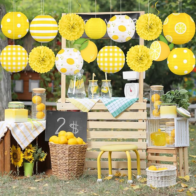 Renbuzhu 15PCS Summer Lemon Party Decorations Paper Lanterns Pom Poms Hanging Swirls Yellow Theme Lemonade Stand Italian Decor for Birthday Home Backyard Indoor Outdoor